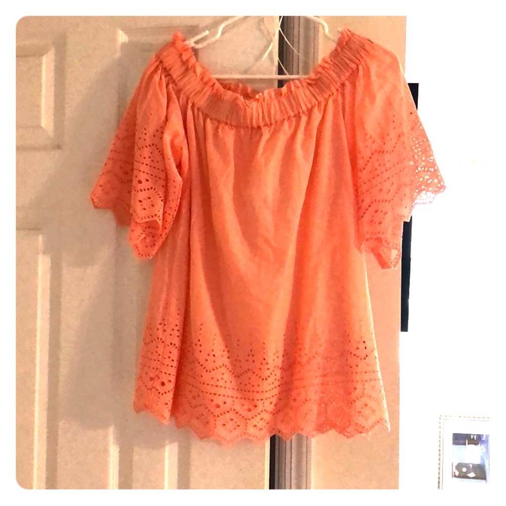 Off the shoulder peach shirt